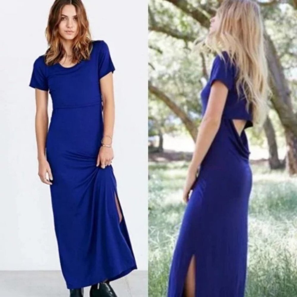 Revolve LNA Blue Maxi Dress Modal Open Back Slit Whitley Size XS Short Sleeve